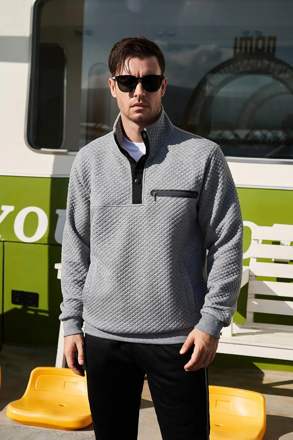 LBL Leading the Better Life Mens Sweatshirt Fashion Stand Collar Button Pullover Sweatshirts with Pockets