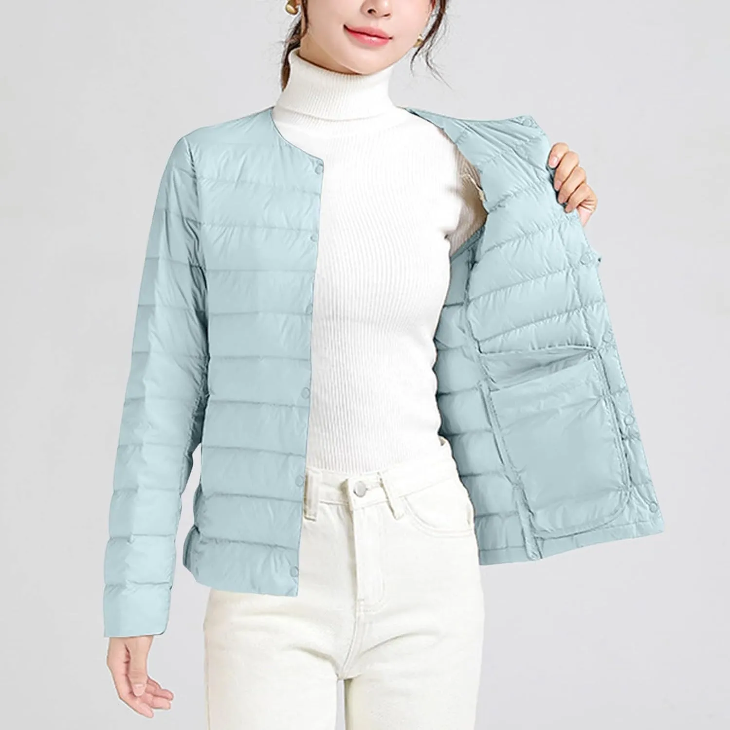 Lightweight Puffer Jacket Women Button Down Jacket Packable Down Jacket Quilted Insulated Jacket Trendy Winter Coat