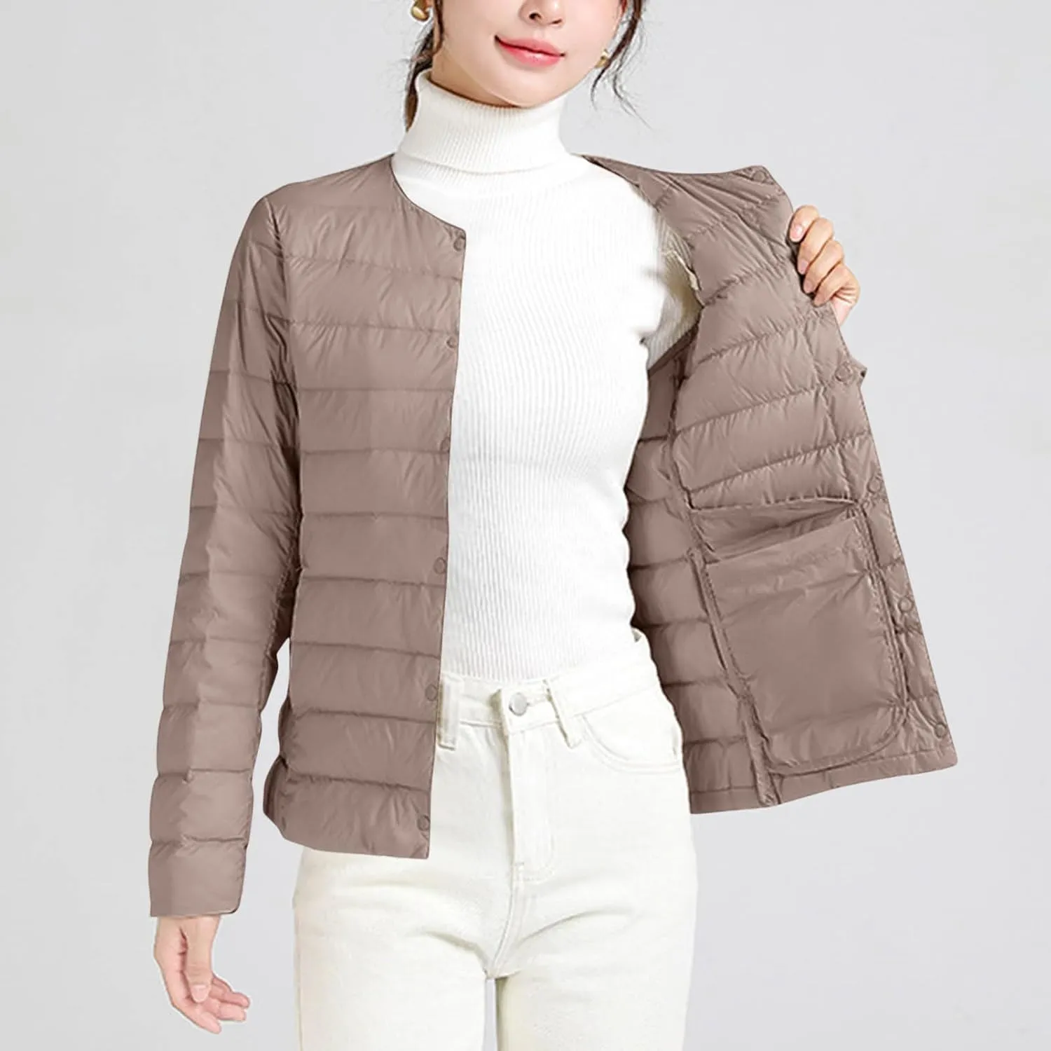 Lightweight Puffer Jacket Women Button Down Jacket Packable Down Jacket Quilted Insulated Jacket Trendy Winter Coat