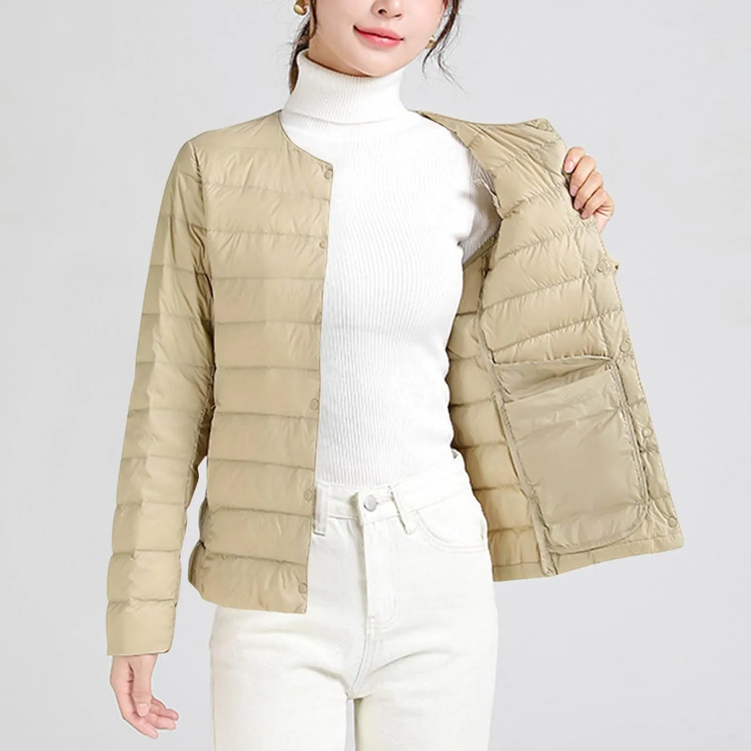 Lightweight Puffer Jacket Women Button Down Jacket Packable Down Jacket Quilted Insulated Jacket Trendy Winter Coat