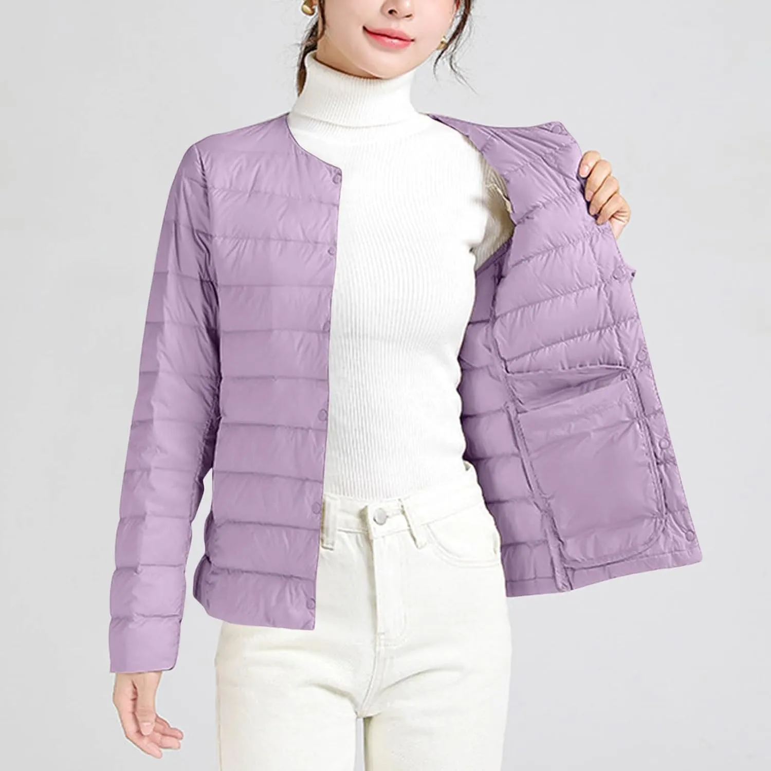 Lightweight Puffer Jacket Women Button Down Jacket Packable Down Jacket Quilted Insulated Jacket Trendy Winter Coat