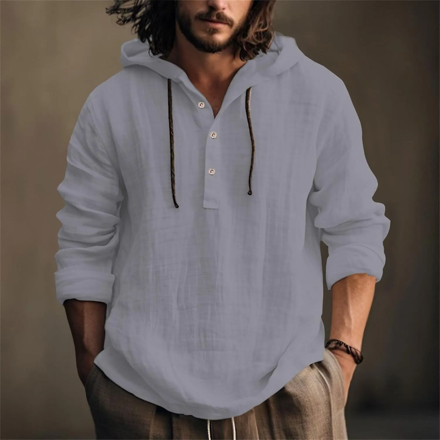 Linen Hoodie Men Spring Fashion 2025 Long Sleeve Button Up Holiday Casual Hawaiian Yoga Beach Hooded Sweatshirts
