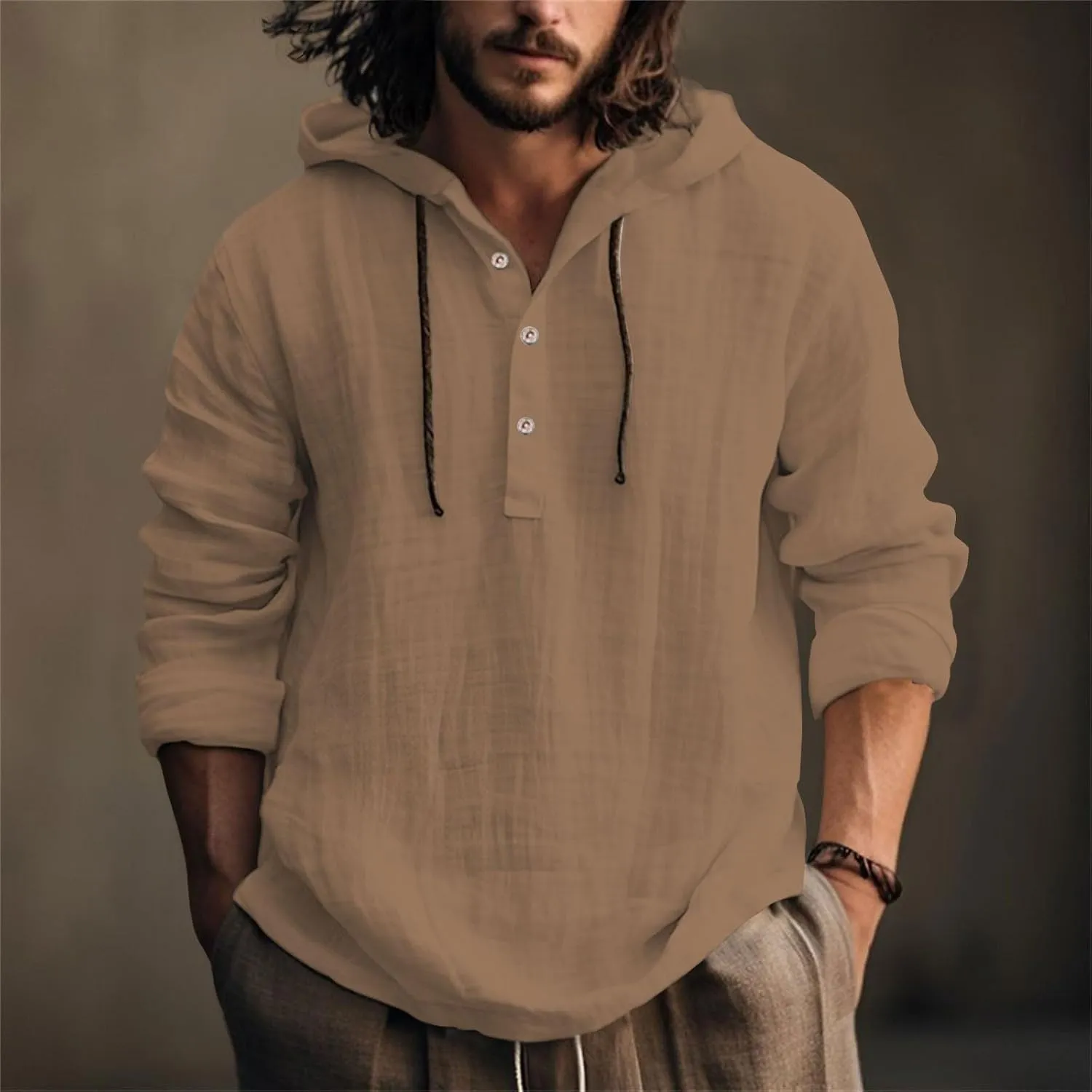 Linen Hoodie Men Spring Fashion 2025 Long Sleeve Button Up Holiday Casual Hawaiian Yoga Beach Hooded Sweatshirts