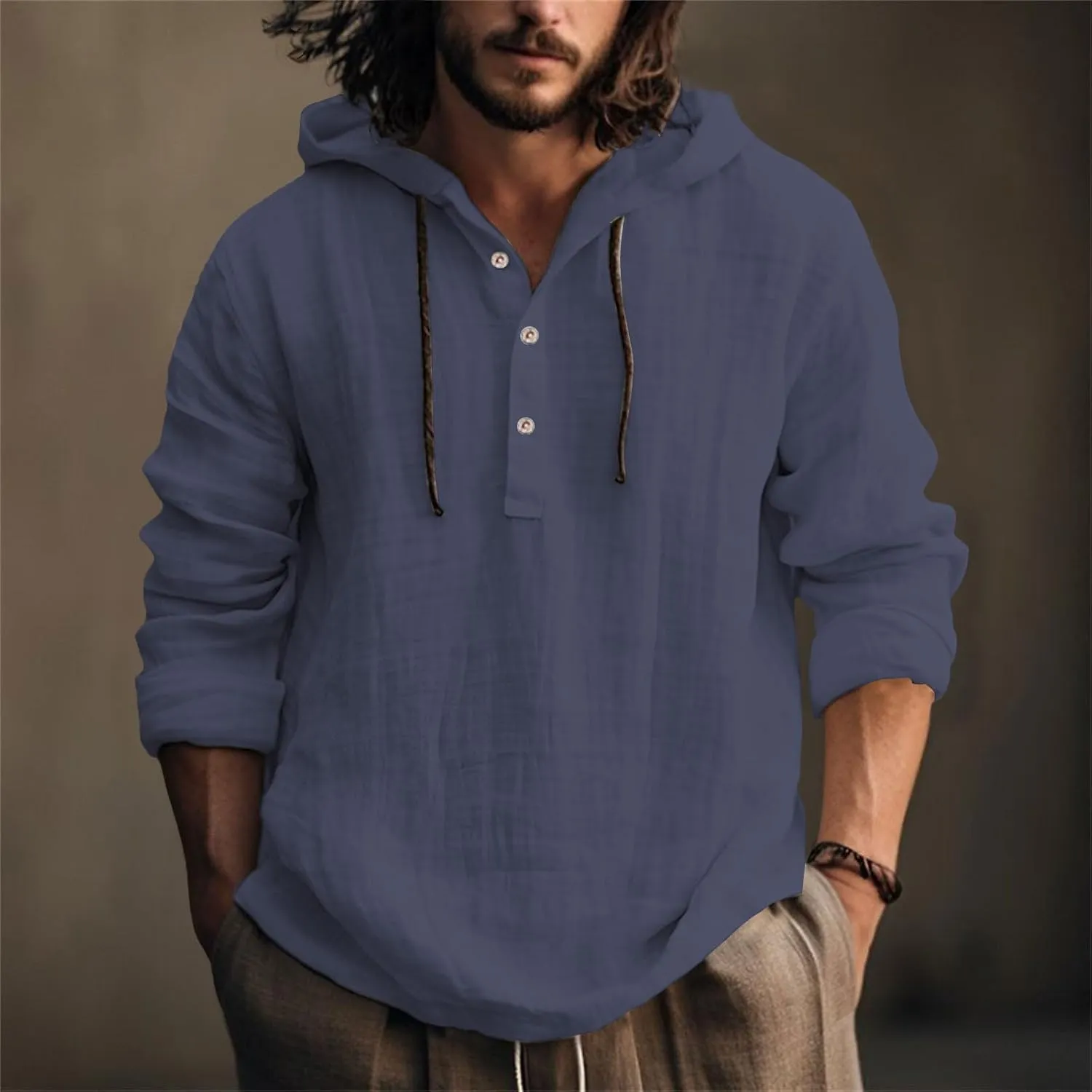 Linen Hoodie Men Spring Fashion 2025 Long Sleeve Button Up Holiday Casual Hawaiian Yoga Beach Hooded Sweatshirts