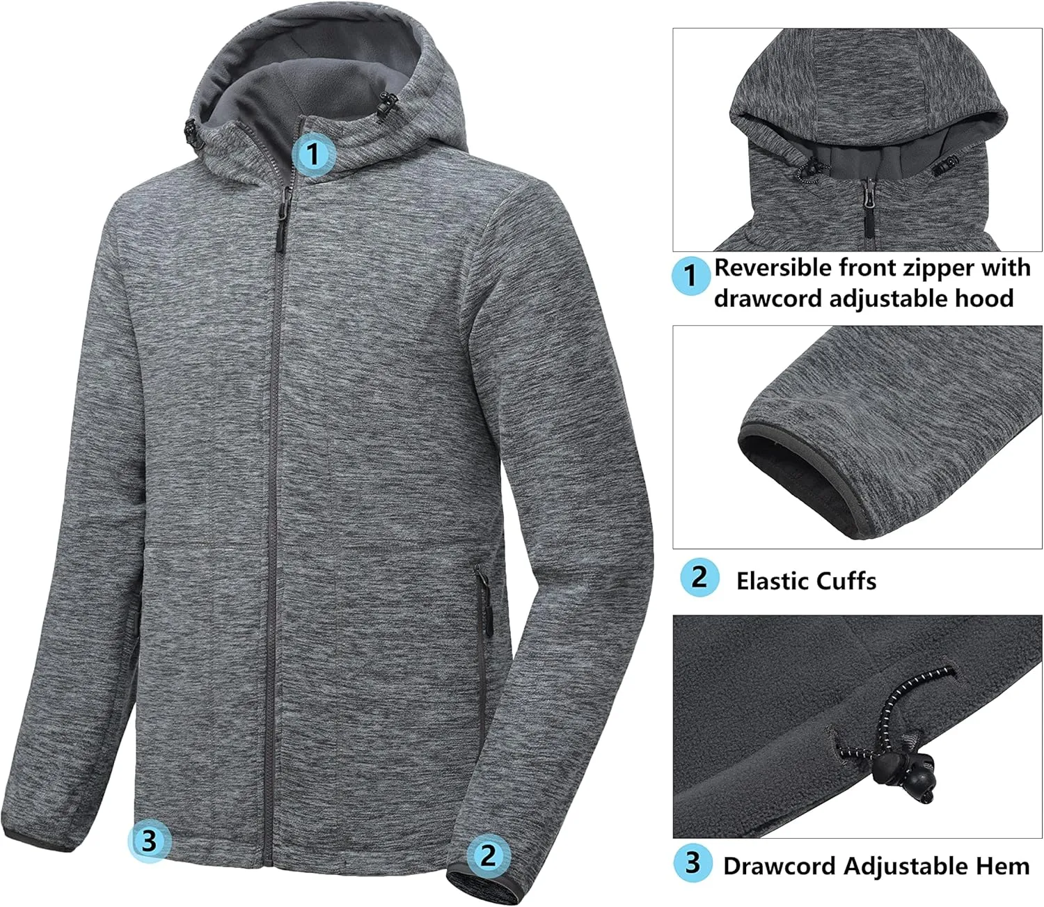 Little Donkey Andy Men's Lightweight Reversible Polar Fleece Jacket Full Zip Hoodie with Pockets Thermal Outdoor Coat
