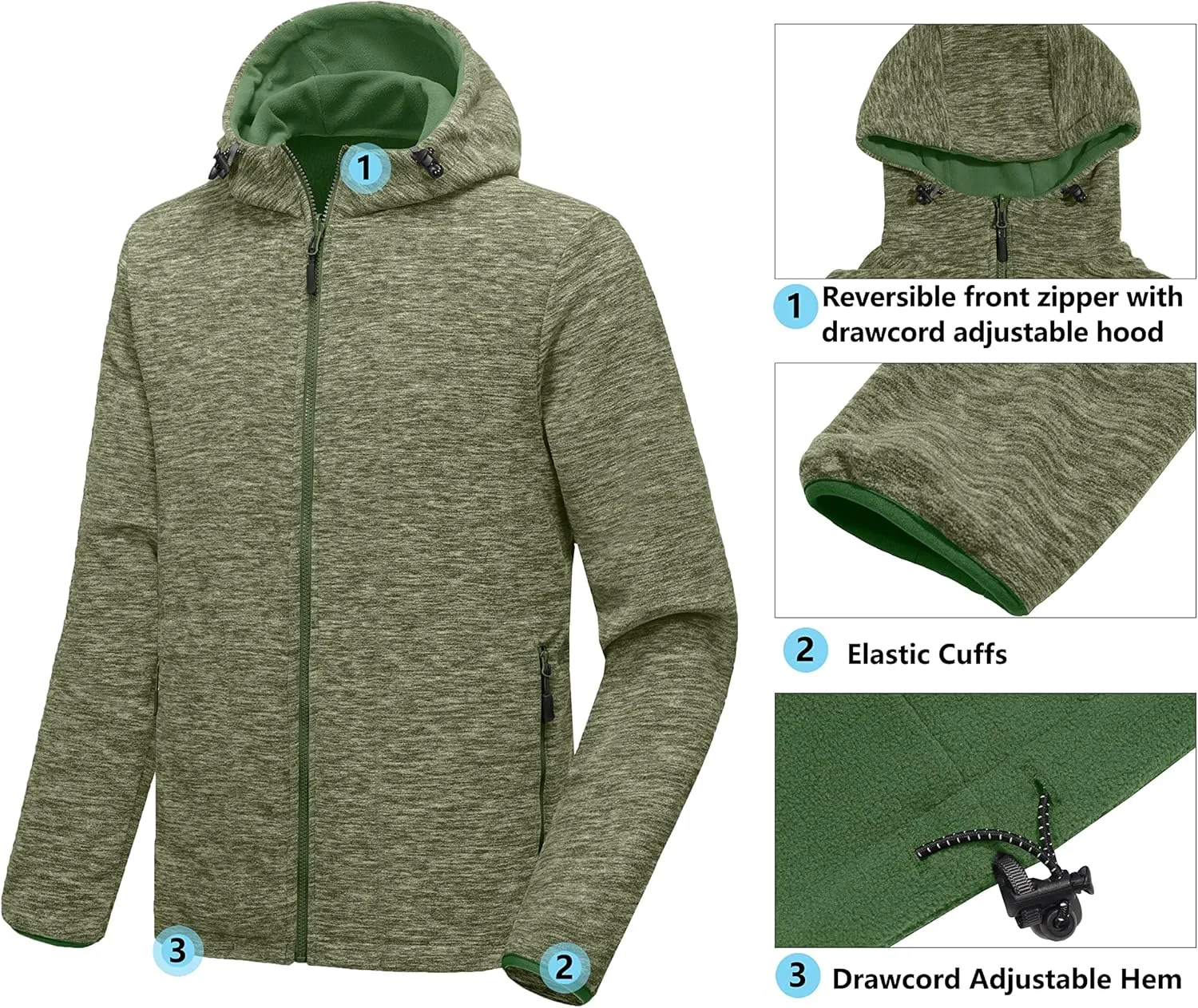 Little Donkey Andy Men's Lightweight Reversible Polar Fleece Jacket Full Zip Hoodie with Pockets Thermal Outdoor Coat