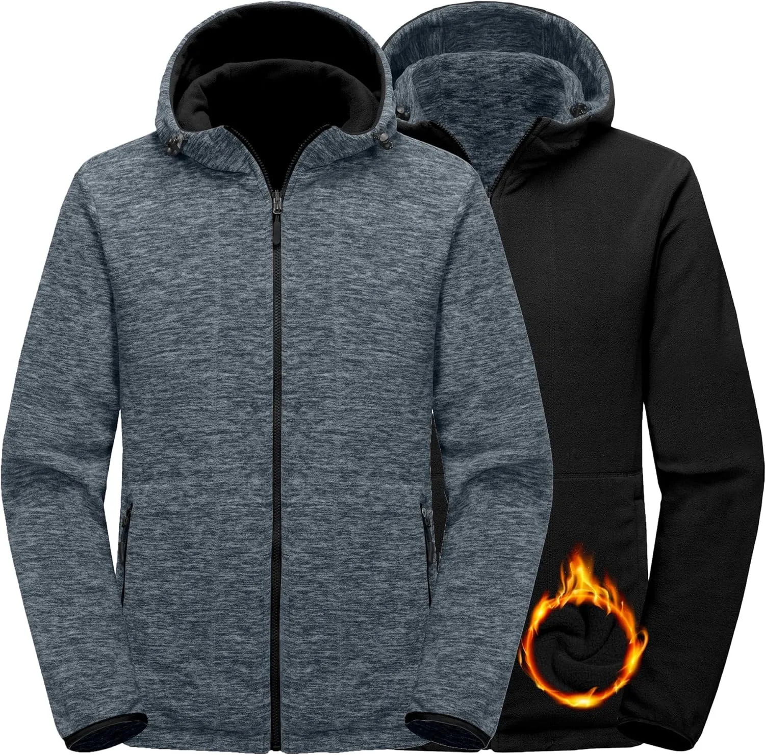 Little Donkey Andy Men's Lightweight Reversible Polar Fleece Jacket Full Zip Hoodie with Pockets Thermal Outdoor Coat