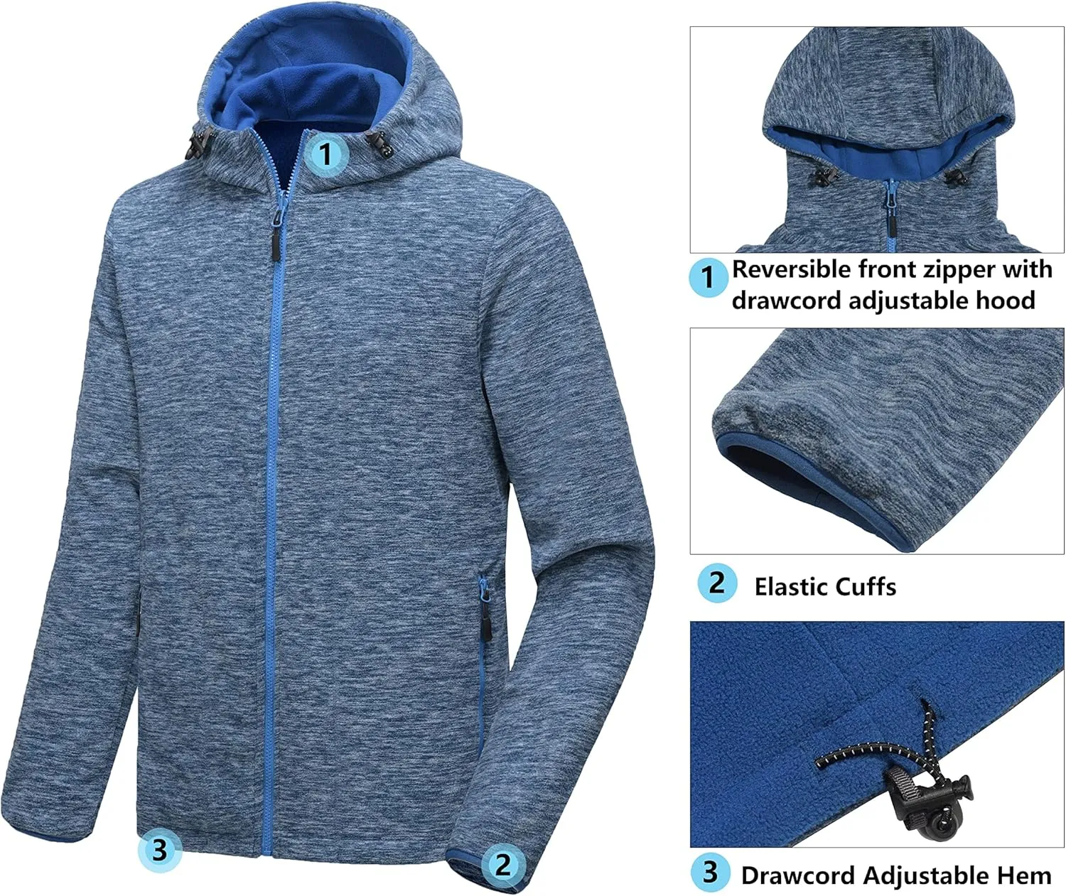 Little Donkey Andy Men's Lightweight Reversible Polar Fleece Jacket Full Zip Hoodie with Pockets Thermal Outdoor Coat