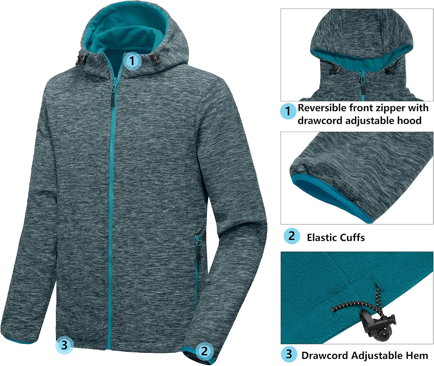 Little Donkey Andy Men's Lightweight Reversible Polar Fleece Jacket Full Zip Hoodie with Pockets Thermal Outdoor Coat