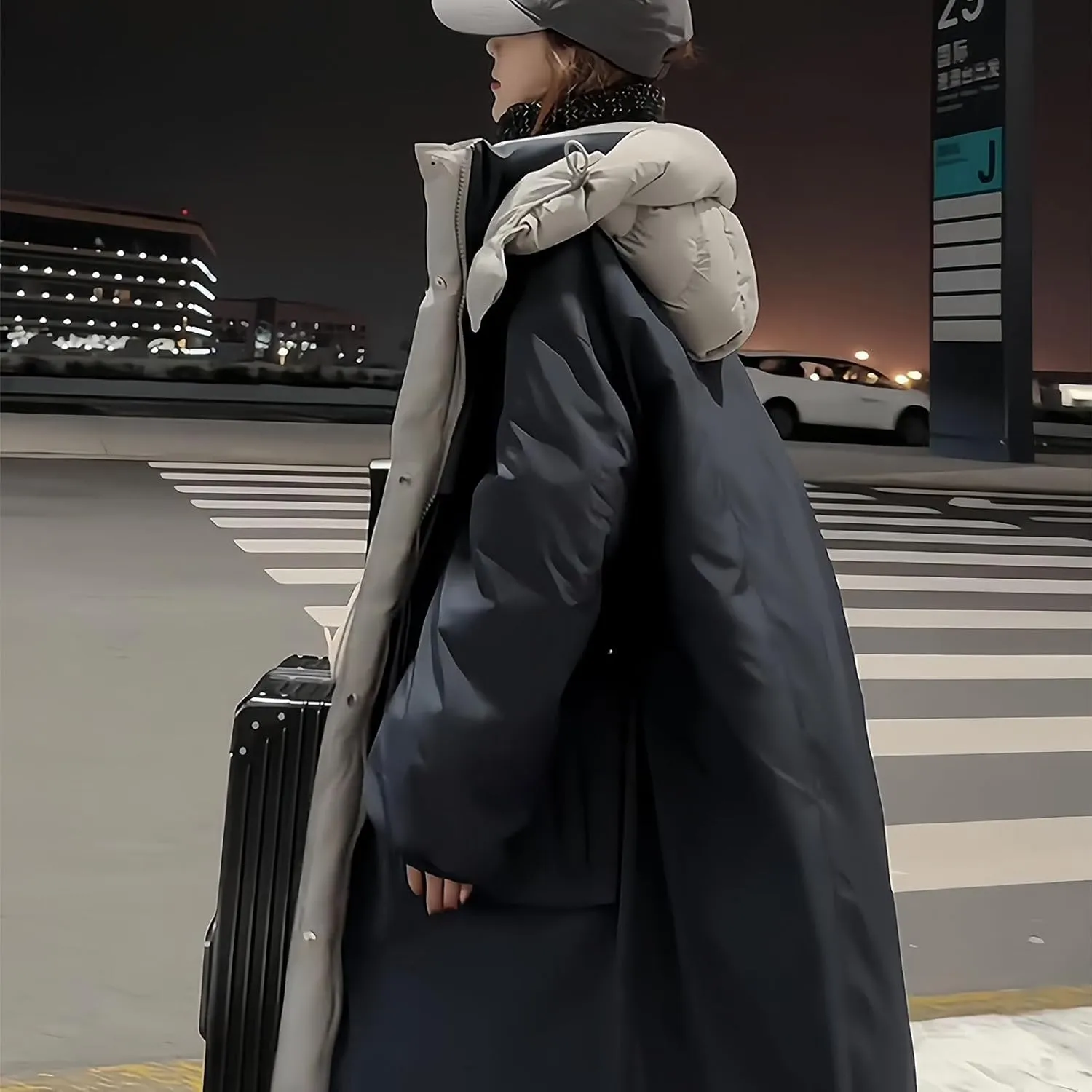 Long Puffer Coat Women Hooded Reversible Down Jacket Thicken Warm Winter Coats Oversized Long Sleeve Puffer Jacket