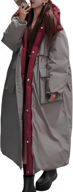 Long Puffer Coat Women Hooded Reversible Down Jacket Thicken Warm Winter Coats Oversized Long Sleeve Puffer Jacket