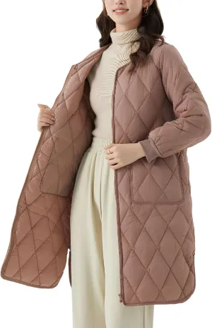 Long Puffer Coat Women Mid Length Quilted Fleece Down Jacket Lightweight Warm Winter Coats Long Sleeve Outerwear