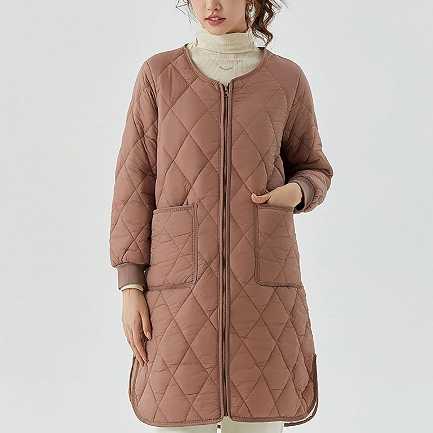 Long Puffer Coat Women Mid Length Quilted Fleece Down Jacket Lightweight Warm Winter Coats Long Sleeve Outerwear