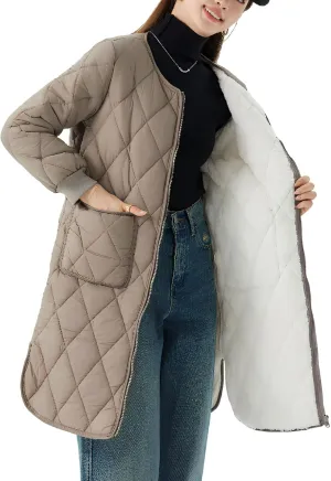 Long Puffer Coat Women Mid Length Quilted Fleece Down Jacket Lightweight Warm Winter Coats Long Sleeve Outerwear