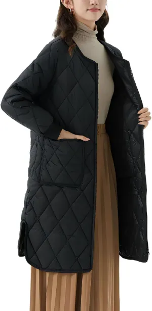 Long Puffer Coat Women Mid Length Quilted Fleece Down Jacket Lightweight Warm Winter Coats Long Sleeve Outerwear
