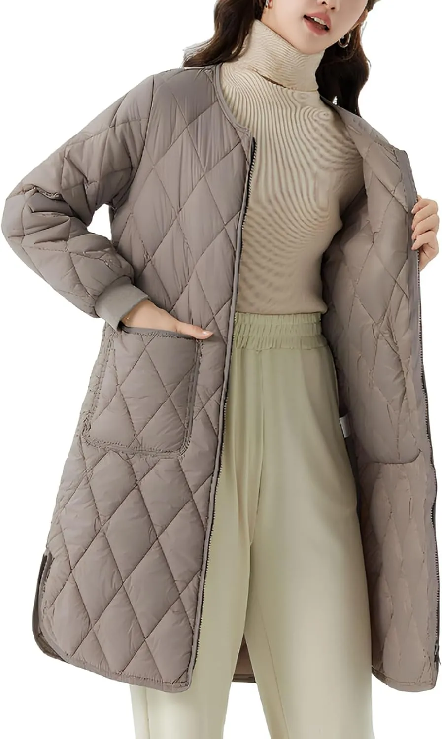 Long Puffer Coat Women Mid Length Quilted Fleece Down Jacket Lightweight Warm Winter Coats Long Sleeve Outerwear