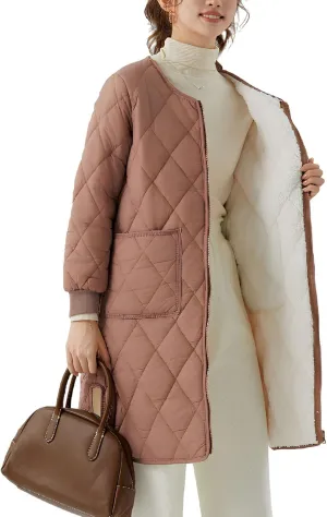 Long Puffer Coat Women Mid Length Quilted Fleece Down Jacket Lightweight Warm Winter Coats Long Sleeve Outerwear