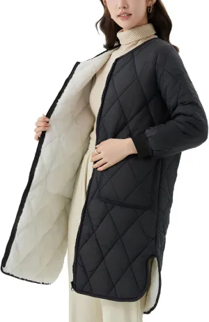 Long Puffer Coat Women Mid Length Quilted Fleece Down Jacket Lightweight Warm Winter Coats Long Sleeve Outerwear