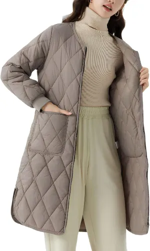 Long Puffer Coat Women Mid Length Quilted Fleece Down Jacket Lightweight Warm Winter Coats Long Sleeve Outerwear