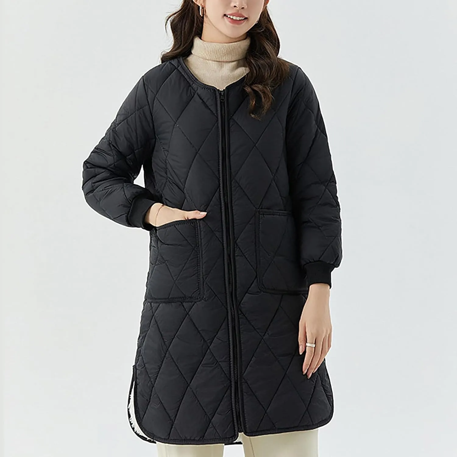 Long Puffer Coat Women Mid Length Quilted Fleece Down Jacket Lightweight Warm Winter Coats Long Sleeve Outerwear