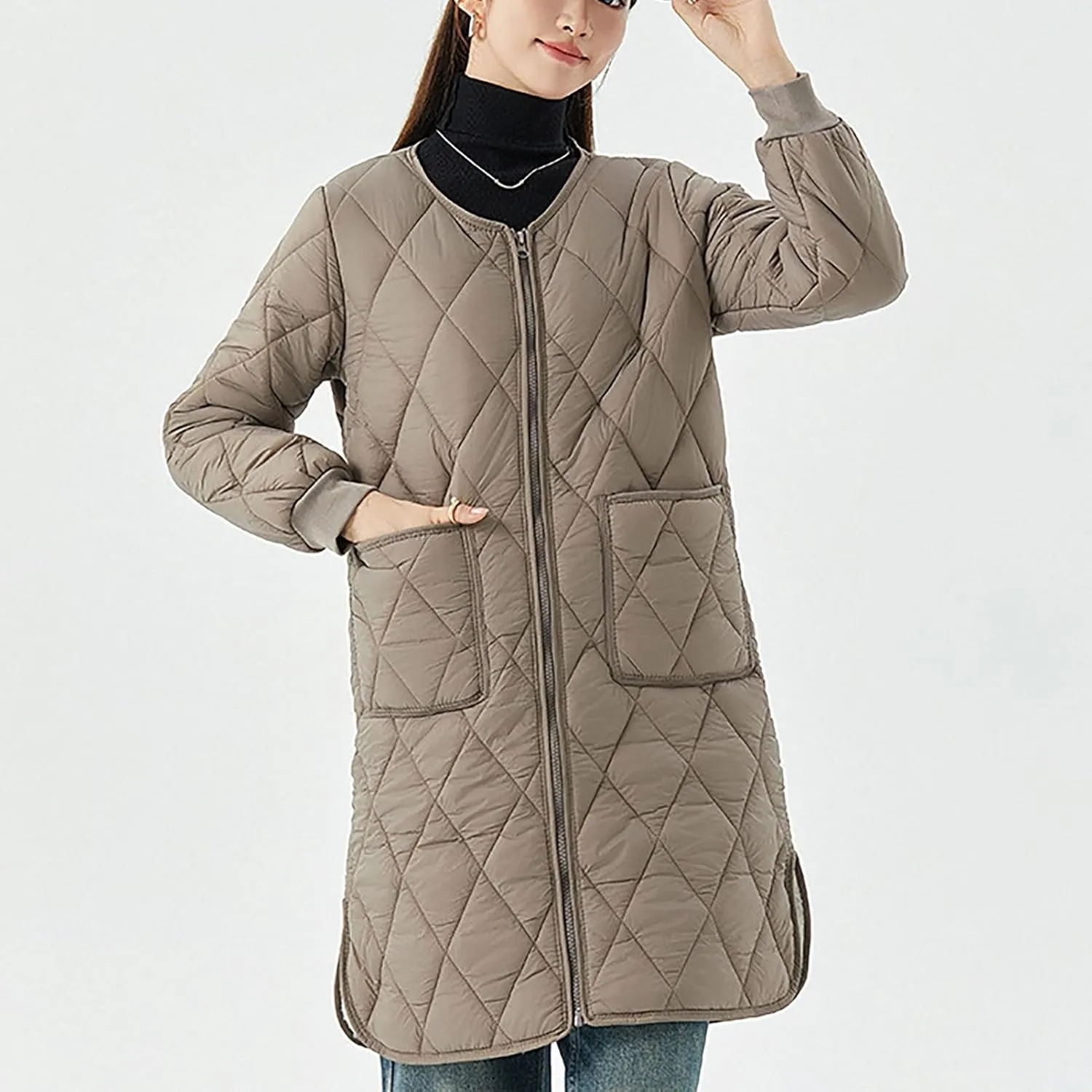 Long Puffer Coat Women Mid Length Quilted Fleece Down Jacket Lightweight Warm Winter Coats Long Sleeve Outerwear