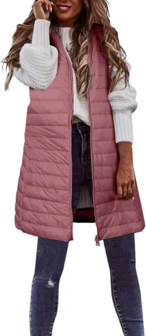 Long Vest for Women Sleeveless Hooded Windproof Winter Coat with Recycled Insulation Sleeveless Hoodies Full Long