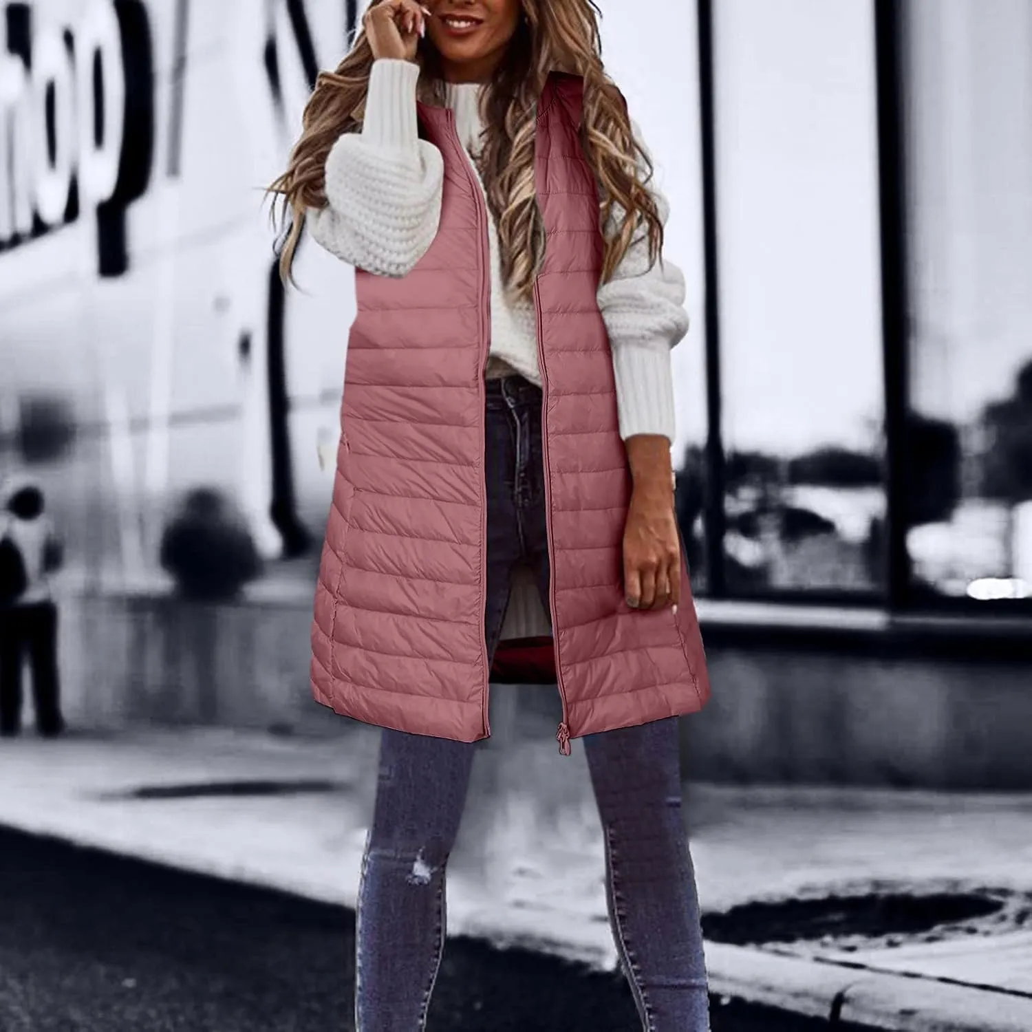 Long Vest for Women Sleeveless Hooded Windproof Winter Coat with Recycled Insulation Sleeveless Hoodies Full Long