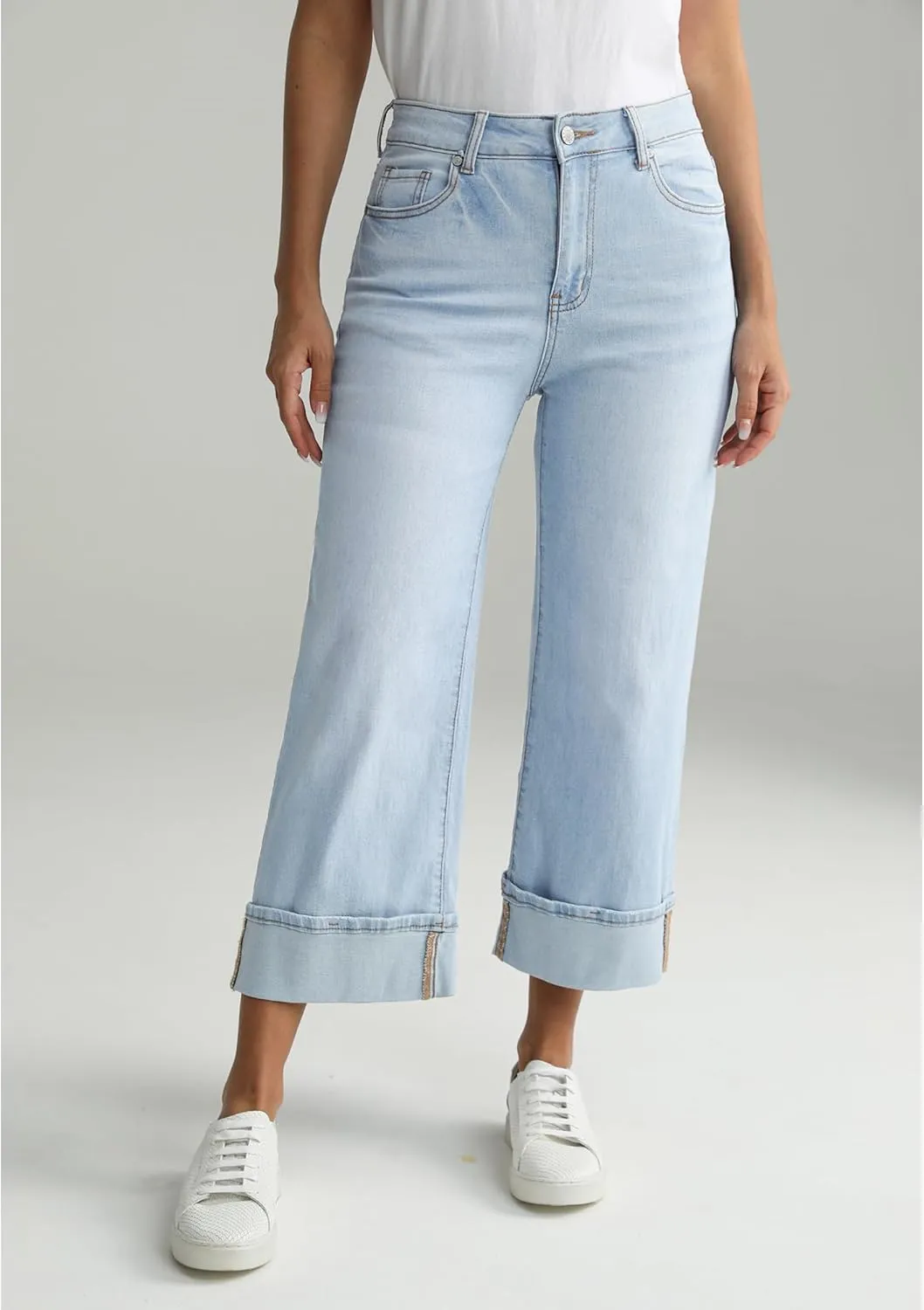 LookbookStore Capris Jeans for Women Wide Leg High Waisted Casual Summer Roll Hem Cropped Stretch Denim Jean Capri Pants