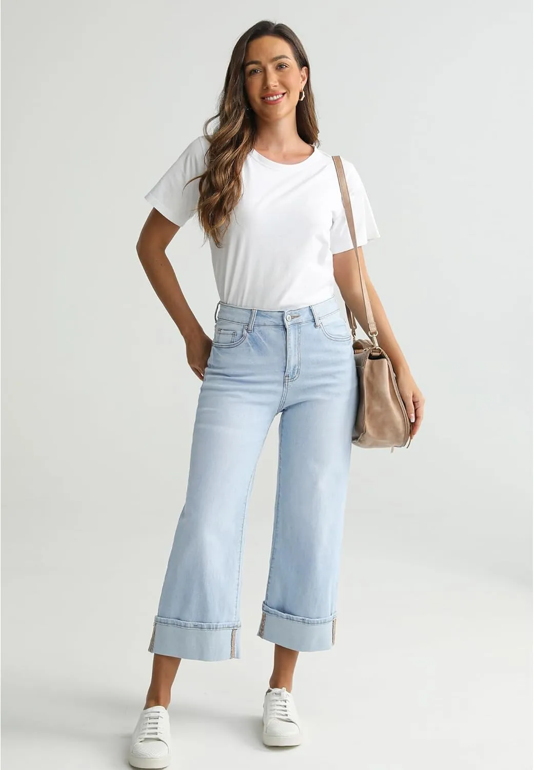 LookbookStore Capris Jeans for Women Wide Leg High Waisted Casual Summer Roll Hem Cropped Stretch Denim Jean Capri Pants