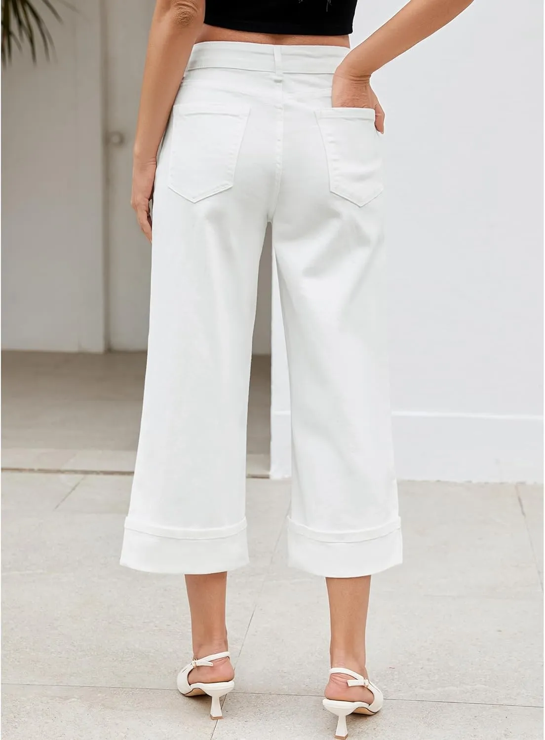 LookbookStore Capris Jeans for Women Wide Leg High Waisted Casual Summer Roll Hem Cropped Stretch Denim Jean Capri Pants