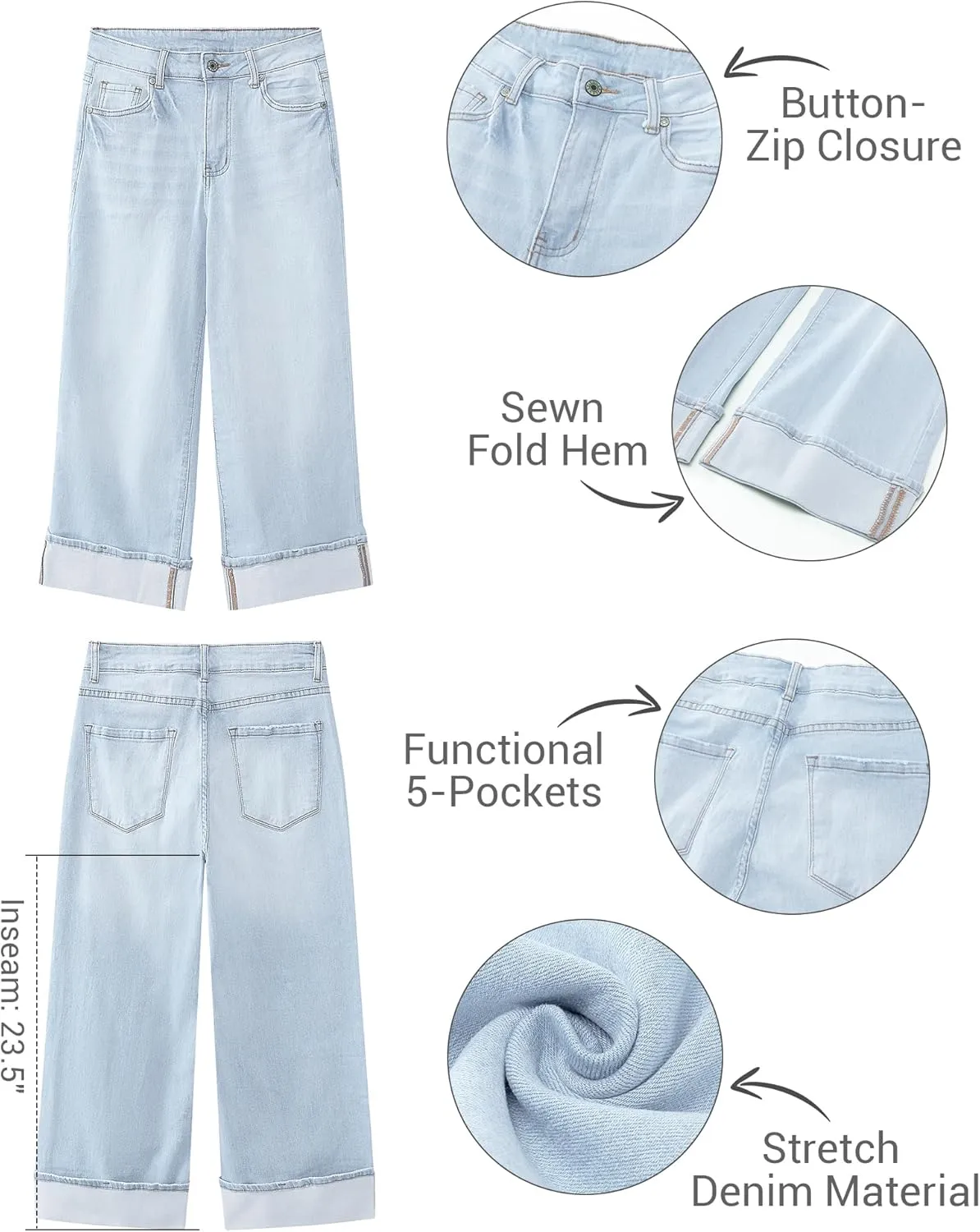 LookbookStore Capris Jeans for Women Wide Leg High Waisted Casual Summer Roll Hem Cropped Stretch Denim Jean Capri Pants
