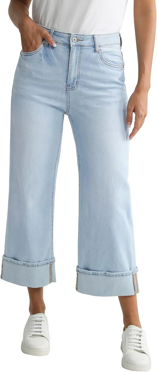 LookbookStore Capris Jeans for Women Wide Leg High Waisted Casual Summer Roll Hem Cropped Stretch Denim Jean Capri Pants