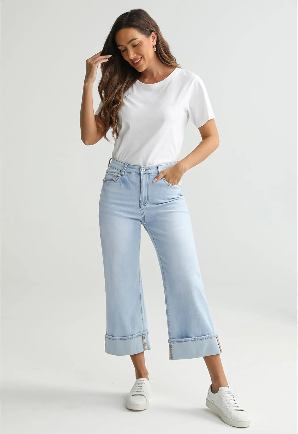 LookbookStore Capris Jeans for Women Wide Leg High Waisted Casual Summer Roll Hem Cropped Stretch Denim Jean Capri Pants