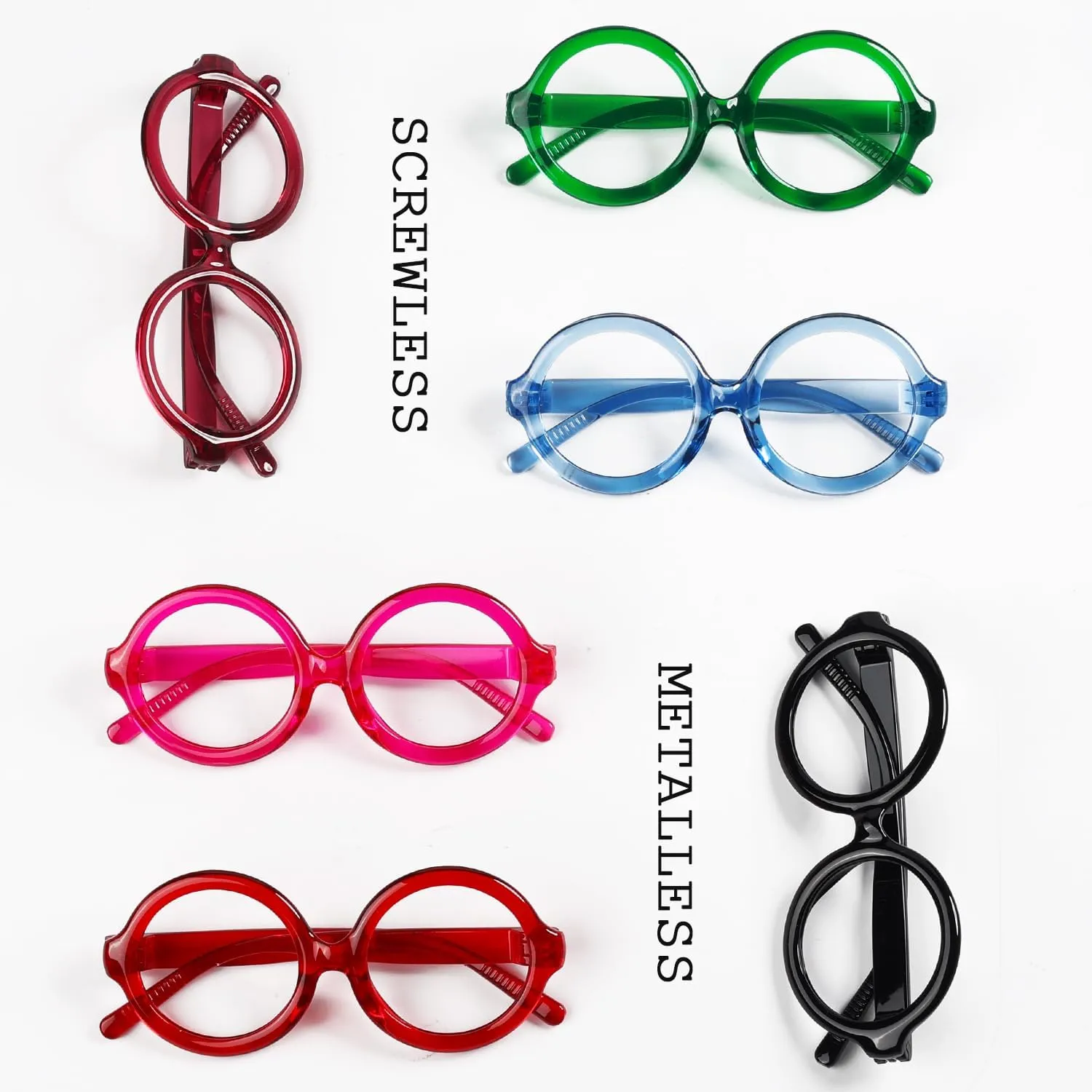 LUR Huge Round Metalless Screwless Readers for Women Spring Hinges 6 Pack Ladies Reading Glasses  0.75
