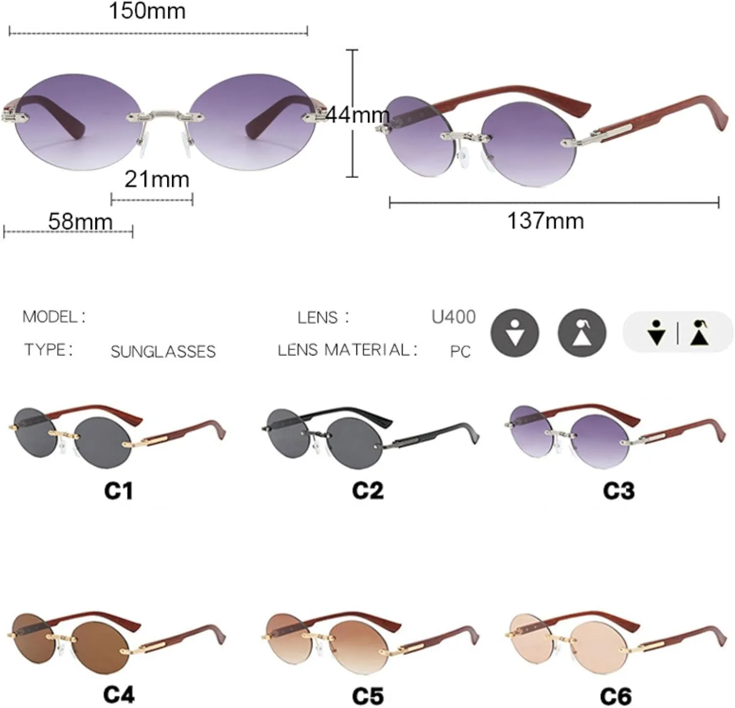 Luxury Retro Rimless Uv400 Metal Fashion Sunglasses for Men and Women Travel Outdoor
