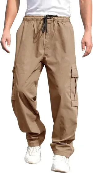 Male Versatile All Season Cargo Pants Multi Pocket Hem Solid Color Plus Size Outdoor Trousers for Men High