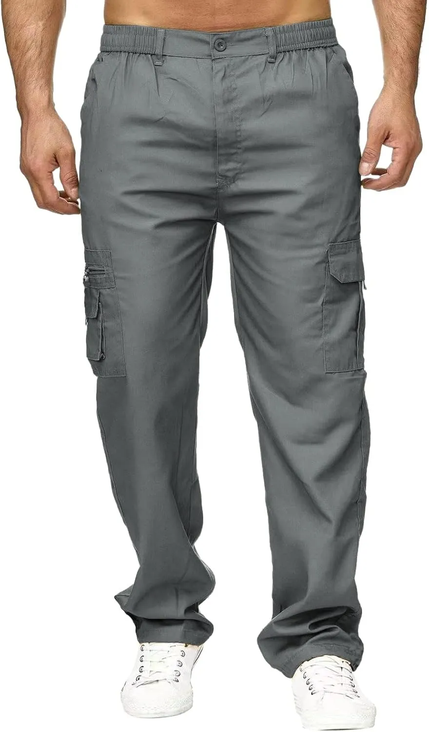 Male Versatile All Season Cargo Pants Multi Pocket Zip Button Hem Solid Color Plus Size Outdoor Lightweight Pants