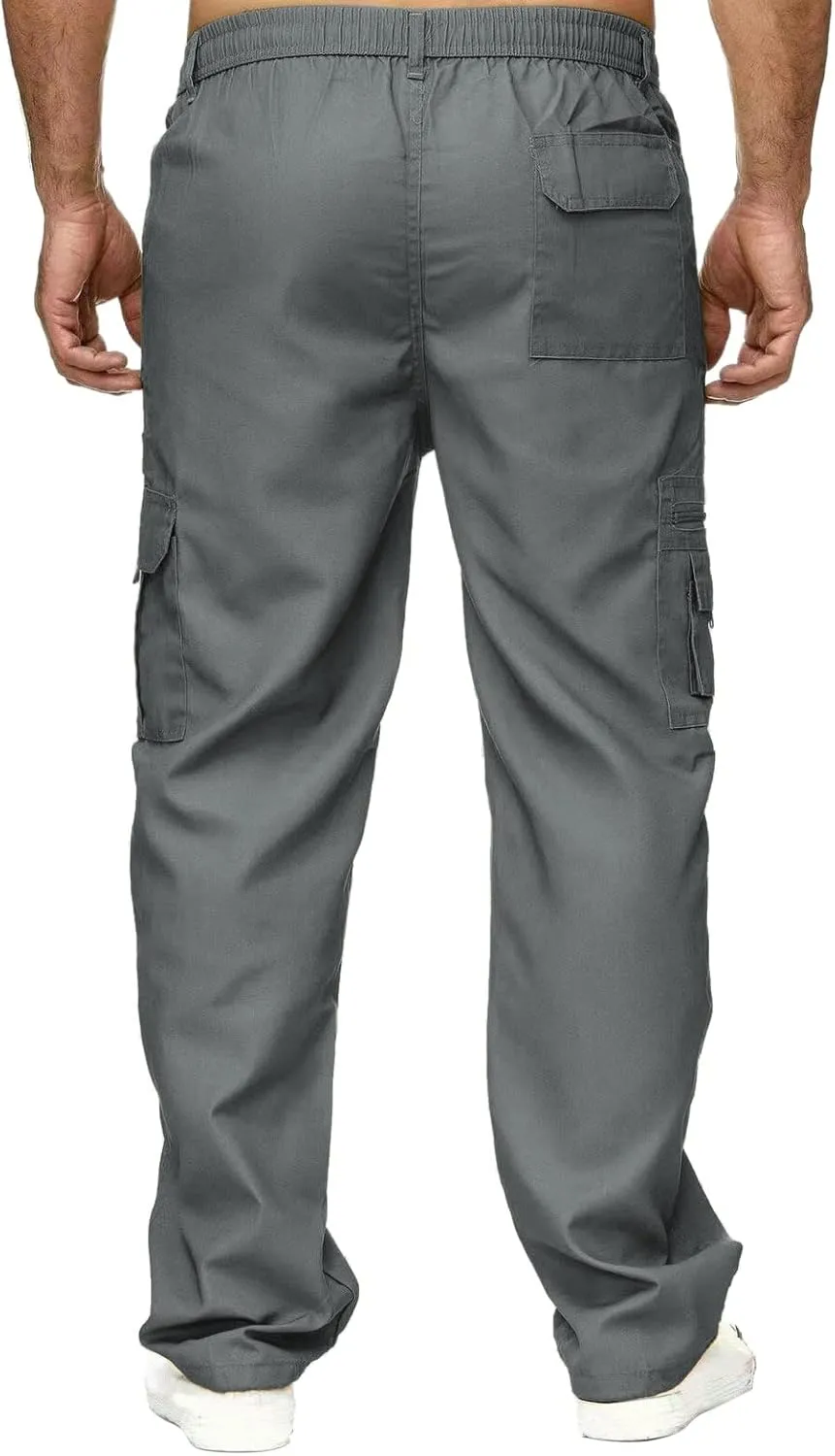 Male Versatile All Season Cargo Pants Multi Pocket Zip Button Hem Solid Color Plus Size Outdoor Lightweight Pants
