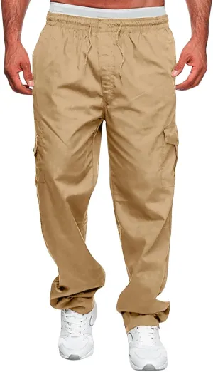 Male Versatile All Season Cargo Pants Multi Pocket Zip Button Hem Solid Color Plus Size Outdoor Trousers Sport