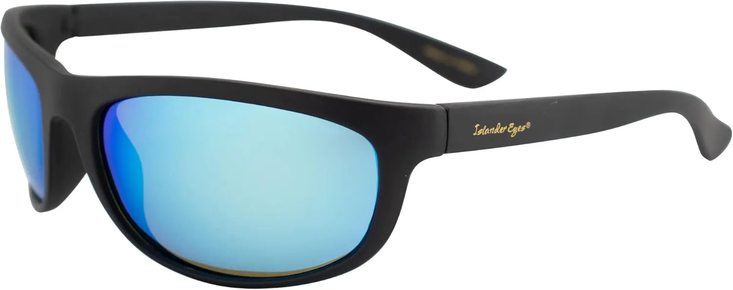 Martinique Polarized Sunglasses for Men or Women Sports Wraparound Matte Black Frame w/Blue Mirror Lens