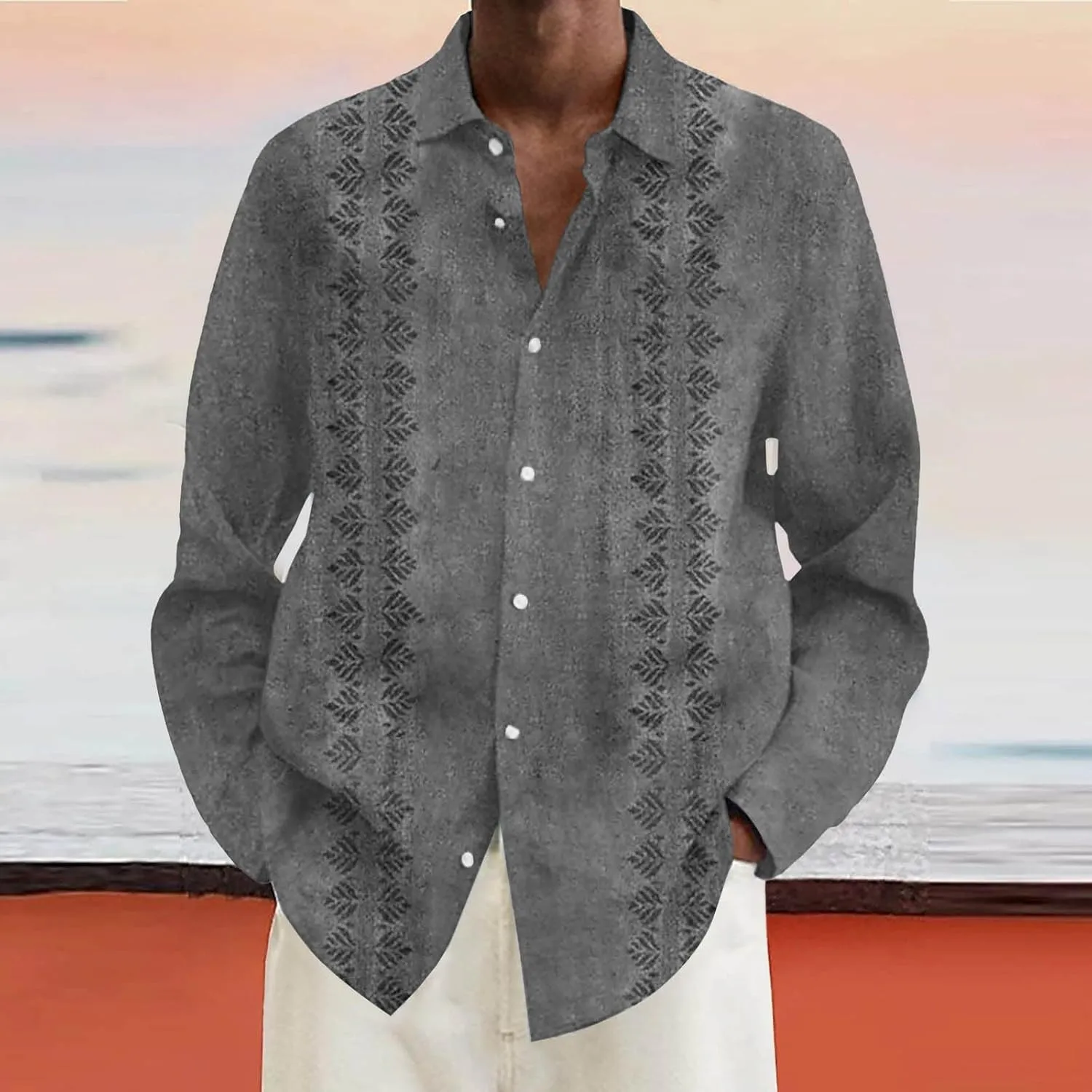 Men Cuba Guayabera Shirt Long Sleeve Button Lapel Casual Shirt Loose Comfy Beach Vacation Style Fashion Top Plus Size
