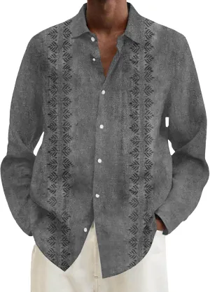 Men Cuba Guayabera Shirt Long Sleeve Button Lapel Casual Shirt Loose Comfy Beach Vacation Style Fashion Top Plus Size
