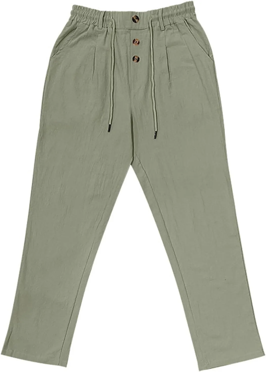 Men Linen Pants Fashion Button Lace up Elastic Waist Beach Casual Sweatpant Loose Comfy Plus Size Wide Leg Trouser