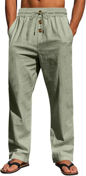 Men Linen Pants Fashion Button Lace up Elastic Waist Beach Casual Sweatpant Loose Comfy Plus Size Wide Leg Trouser