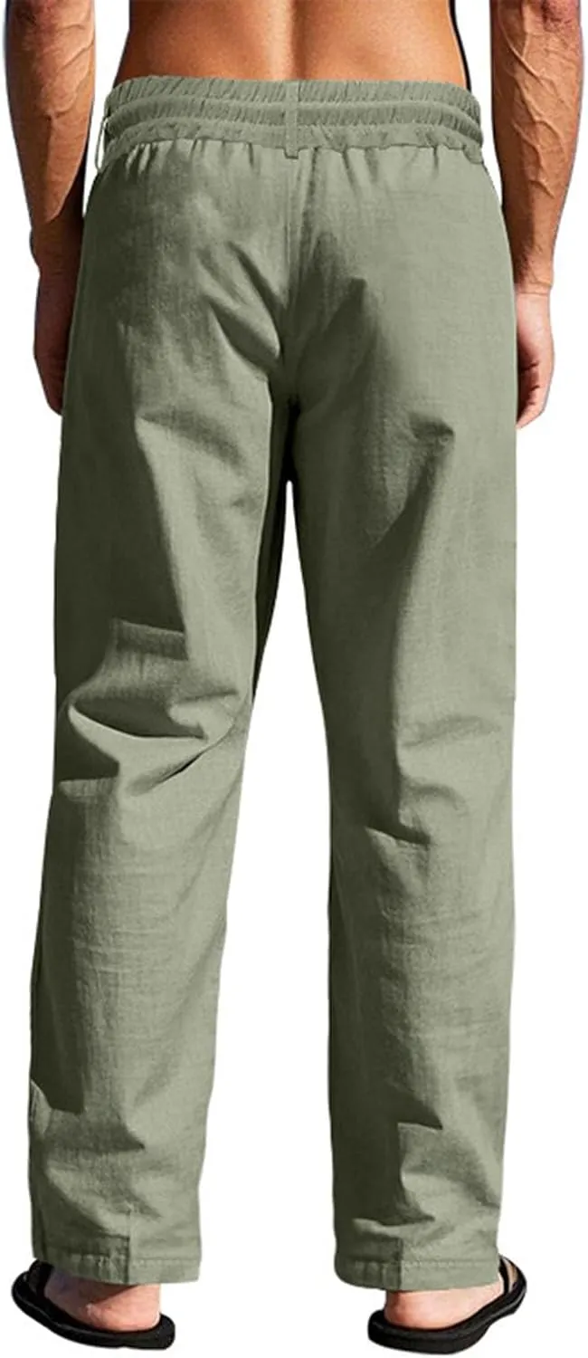 Men Linen Pants Fashion Button Lace up Elastic Waist Beach Casual Sweatpant Loose Comfy Plus Size Wide Leg Trouser