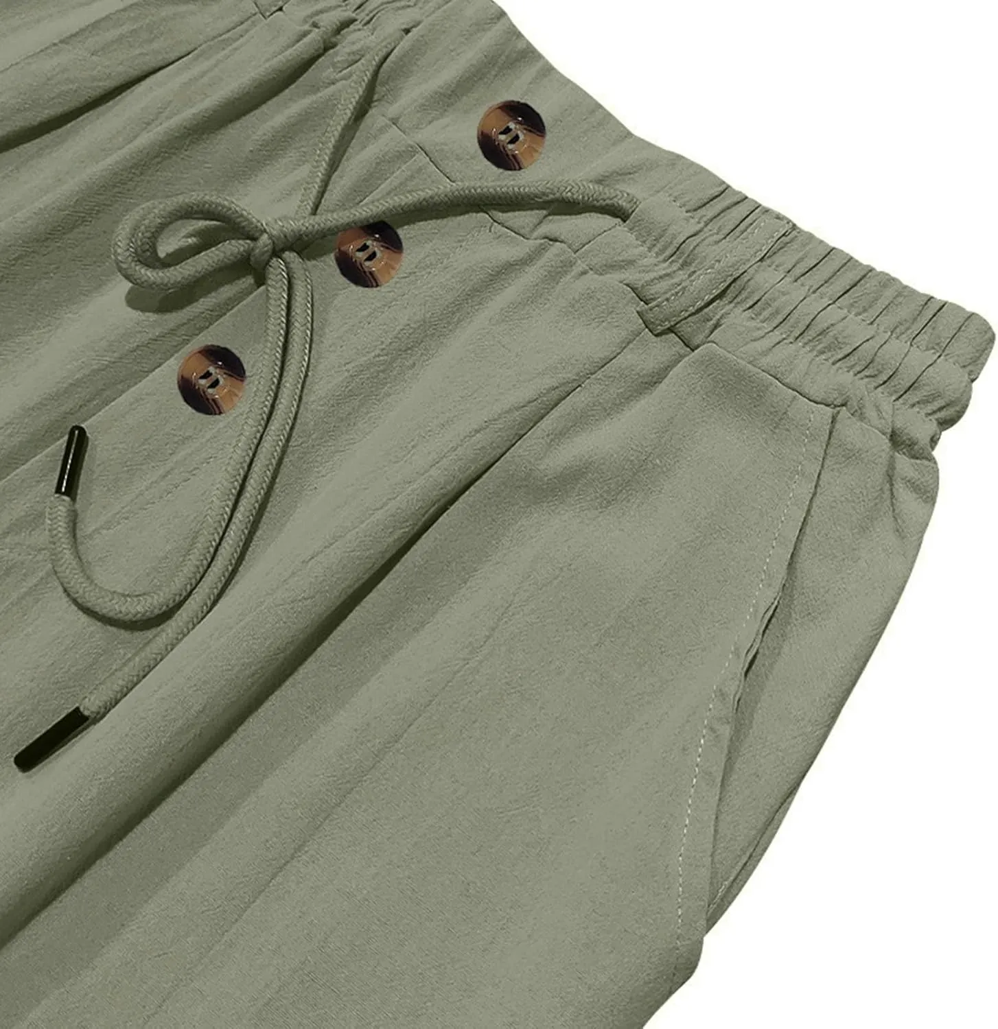 Men Linen Pants Fashion Button Lace up Elastic Waist Beach Casual Sweatpant Loose Comfy Plus Size Wide Leg Trouser
