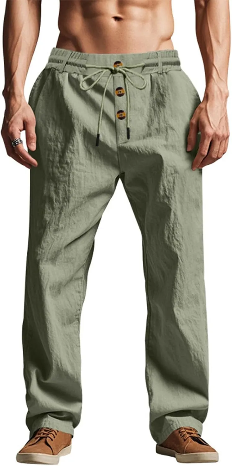 Men Linen Pants Fashion Button Lace up Elastic Waist Beach Casual Sweatpant Loose Comfy Plus Size Wide Leg Trouser
