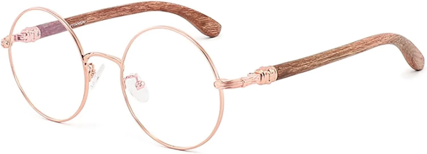 Men Women Retro Stylish Round Reading Glasses, Blue Light Blocking Computer Readers with Wood Arm (Color : Pink (Pure Titanium), Size : 0.75x)