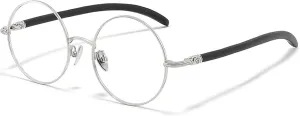 Men Women Retro Stylish Round Reading Glasses, Blue Light Blocking Computer Readers with Wood Arm (Color : Silver, Size : 0.00x)