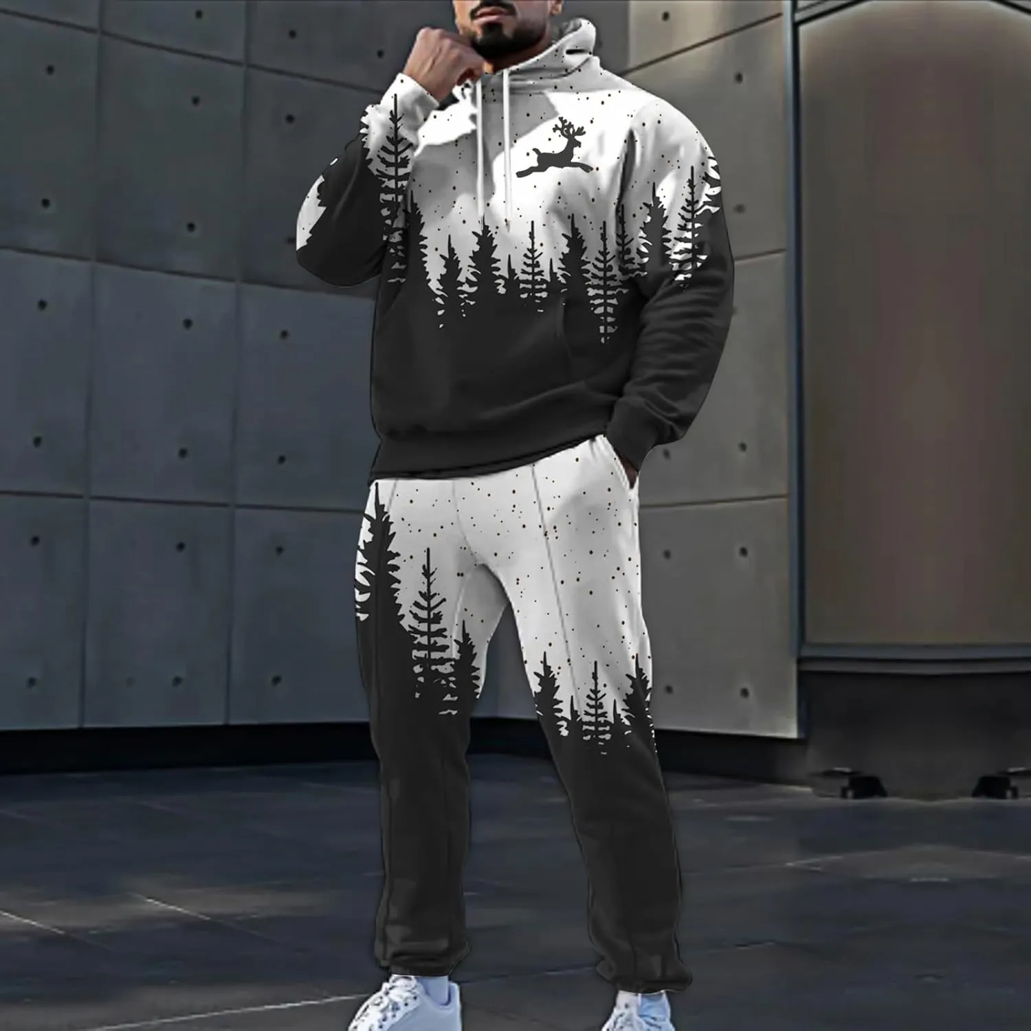Men's Athletic Hoodie Tracksuit Funny Christmas Tracksuit 2 Piece Funny Reindeer Santa Casual Athletic Jogging Suits